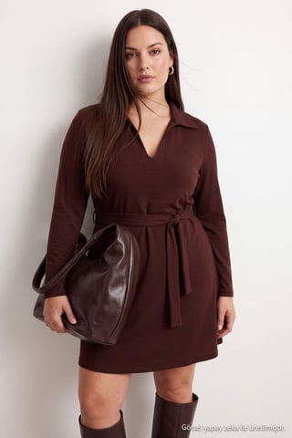 Trendyol Curve Women's Brown Plain Short / Mini Long Casual A-line Plus Size Dress