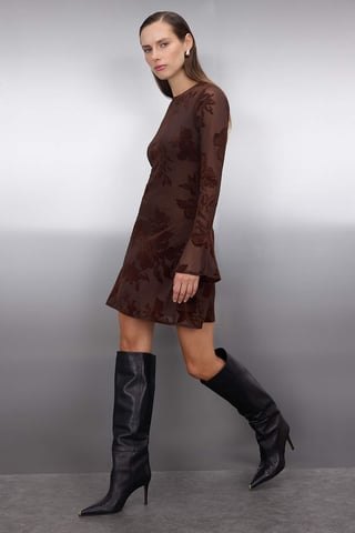 TRENDYOLMİLLA Women's Brown Floral Short / Mini Long Evening / Daily Skater Dresses