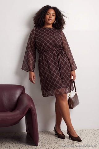 Trendyol Curve Women's Brown Plaid Short / Mini Long A-line Plus Size Dress