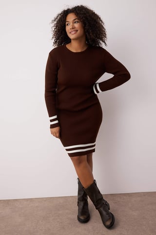 Trendyol Curve Women's Brown Striped Short / Mini Long Casual Bodycon Plus Size Dress