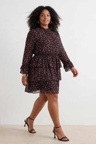 Trendyol Curve Women's Brown Floral Short / Mini Long Party A-line Plus Size Dress