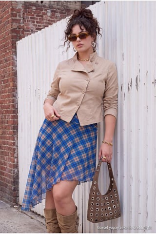 Trendyol Curve Women's Blue Plaid Maxi Asymmetric Plus Size Skirts