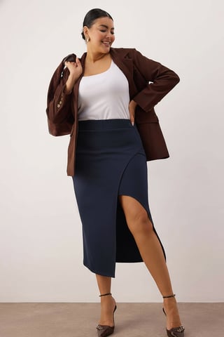 Trendyol Curve Women's Dark blue Plain Midi Pencil skirt Plus Size Skirts