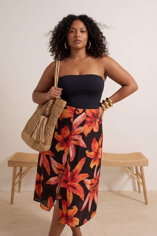 Trendyol Curve Women's Black Floral Midi Plus Size Skirts