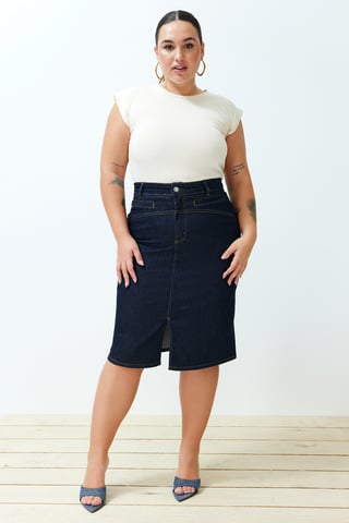 Trendyol Curve Women's Blue Plain Midi Pencil skirt Pencil skirt Plus Size Skirts