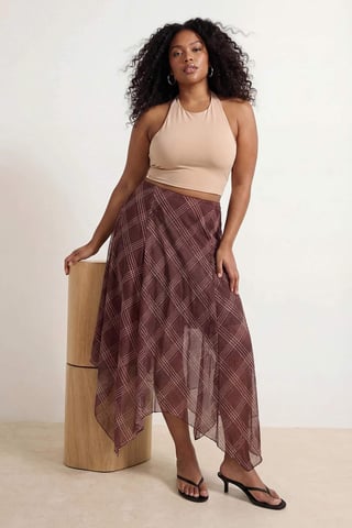 Trendyol Curve Women's Brown Plaid Midi Plus Size Skirts