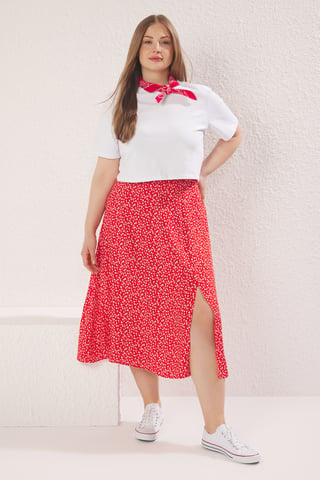 Trendyol Curve Women's Red Animal print Midi A-line A-line Plus Size Skirts