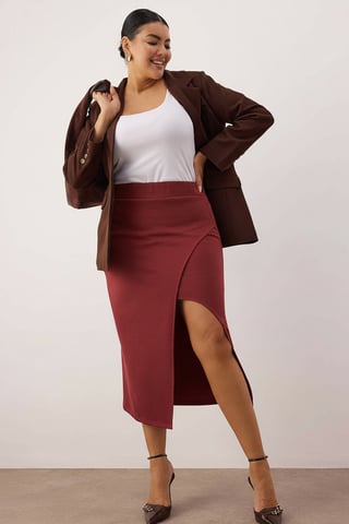 Trendyol Curve Women's Burgundy Plain Midi Pencil skirt Plus Size Skirts