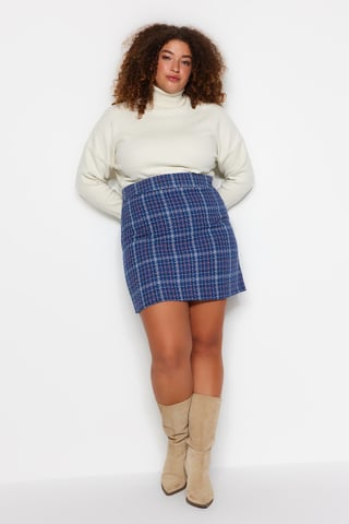 Trendyol Curve Dam Blå Rutig Kort / Mini Penn kjol Plus size Kjolar