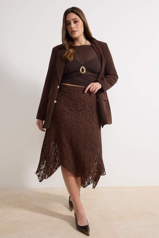 Trendyol Curve Women's Brown Plain Midi Asymmetric Plus Size Skirts