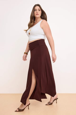 Trendyol Curve Women's Brown Plain Midi Plus Size Skirts