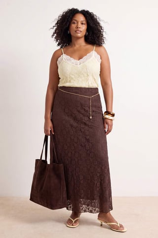 Trendyol Curve Women's Brown Plain Midi Plus Size Skirts