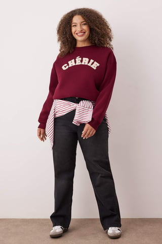 Trendyol Curve Women's Burgundy Slogan Long Oversize Plus Size Sweatshirts
