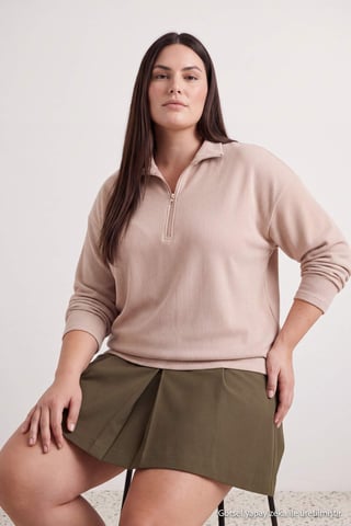 Trendyol Curve Women's Beige Plain Long Oversize Plus Size Sweatshirts