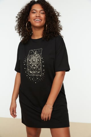Trendyol Curve Women's Black Geometric pattern Short / Mini Short Casual T-Shirt Dress Plus Size Dress