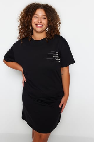 Trendyol Curve Women's Black Slogan Short / Mini Short Casual T-Shirt Dress Plus Size Dress
