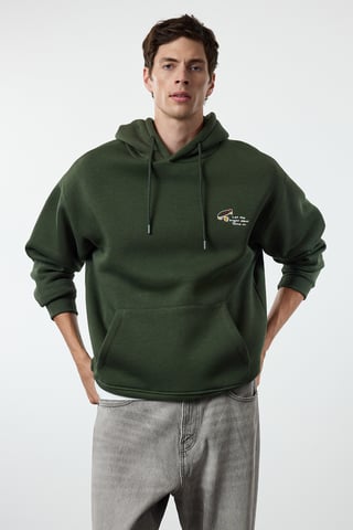 TRENDYOL MAN Men's Khaki Slogan Long Oversize Sweatshirts