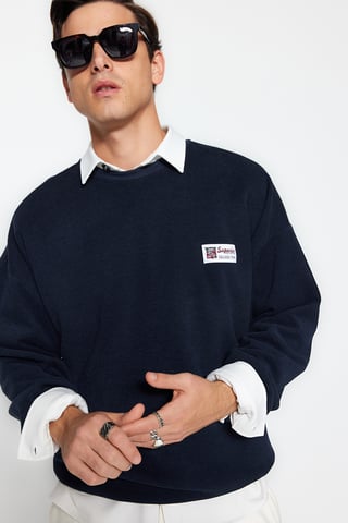 TRENDYOL MAN Men's Dark blue Slogan Long Oversize Sweatshirts