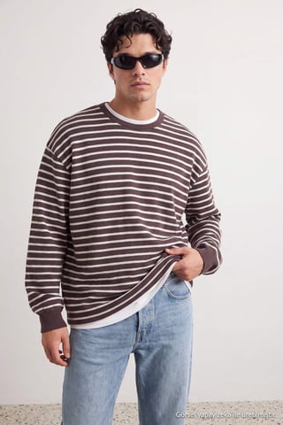TRENDYOL MAN Men's Brown Striped Long Oversize Sweatshirts
