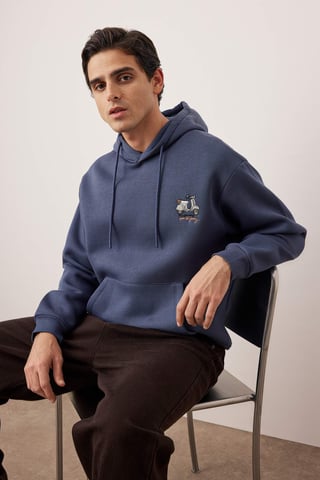 TRENDYOL MAN Men's Dark blue Slogan Long Oversize Sweatshirts