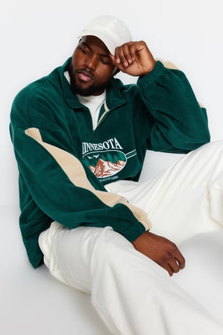 TRENDYOL MAN Men's Green Slogan Long Oversize Plus Size Sweatshirts