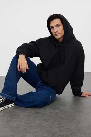 TRENDYOL MAN Men's Black Plain Long Oversize Sweatshirts