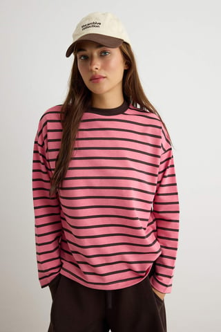 TRENDYOLMİLLA Women's Pink Striped Three-Quarter Sleeve Oversize Sweatshirts