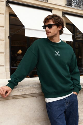 TRENDYOL MAN Men's Green Animal print Long Oversize Sweatshirts