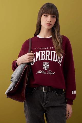 TRENDYOLMİLLA Women's Burgundy Slogan Long Oversize Sweatshirts