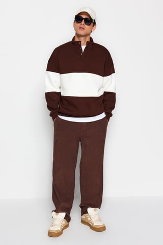 TRENDYOL MAN Men's Brown Color block Long Oversize Sweatshirts
