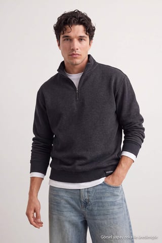 TRENDYOL MAN Men's Gray Slogan Long Oversize Sweatshirts