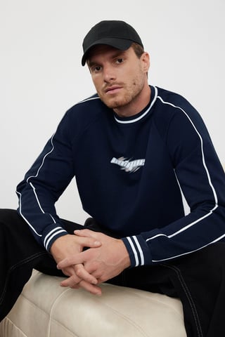 TRENDYOL MAN Men's Dark blue Slogan Long Oversize Sweatshirts