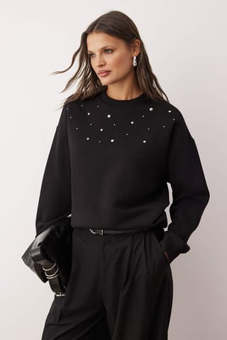 TRENDYOLMİLLA Women's Black Plain Long Relaxed fit Sweatshirts