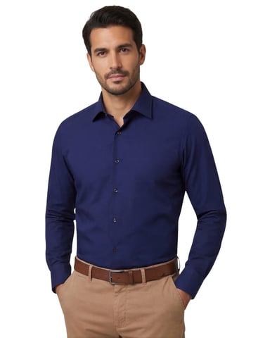 Eterna overhemd donkerblauw strijkvrij lange mouw