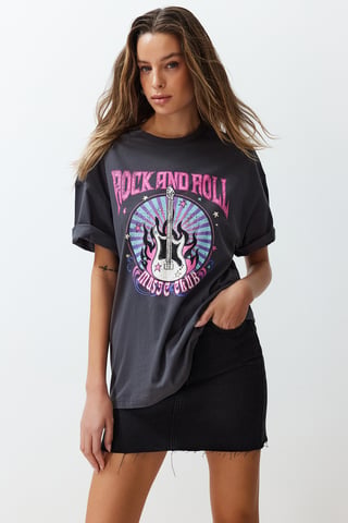 TRENDYOLMİLLA Women's Gray Graphic Short Oversize T-Shirts