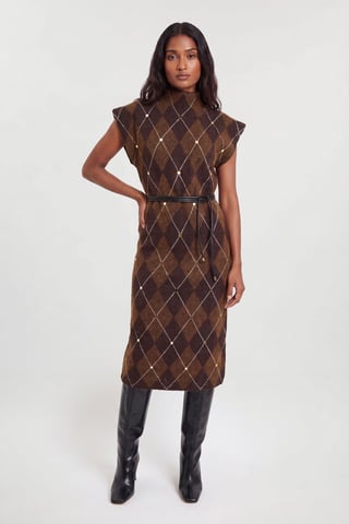 Karen Millen gezellige midi-jurk van wolmix met argylepatroon, studs en ceintuur
