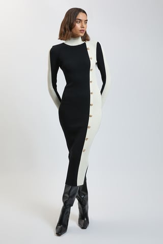 Midi-jurk van ribgebreid materiaal met contrasterend detail