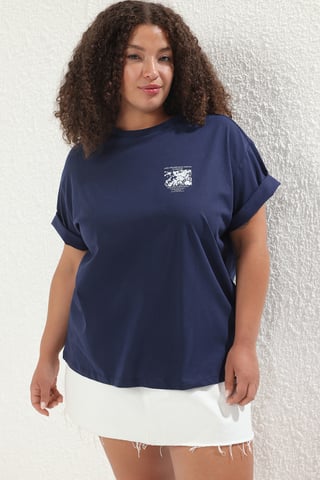 Trendyol Curve Women's Dark blue Back–print Short Oversize Plus Size T-Shirts