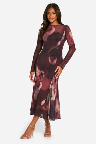 Boohoo Midaxijurk van mesh met bloemenprint, split-hals en godetzoom