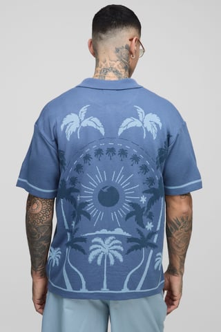 boohooMAN Tall Relaxed Palm Scenic jacquard gebreid overhemd