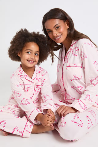 Zachte pyjamaset voor kinderen voor de hele familie, met zuurstokprint, shirt met lange mouwen en broek