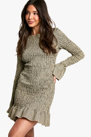 Boohoo Geruite mini-jurk met rimpeldetails en lange mouwen