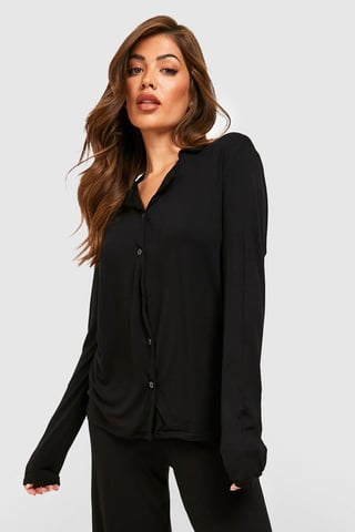 Pyjamashirt van jersey met lange mouwen en knoopsluiting