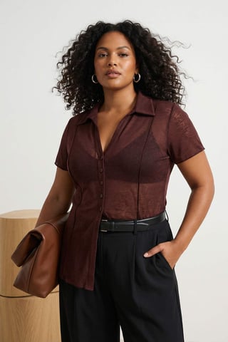 Trendyol Curve Women's Brown Plain Short Fitted Plus Size Blouses