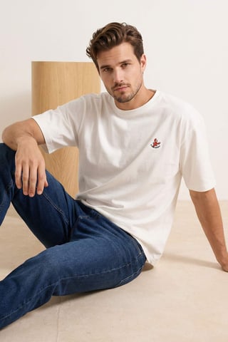 TRENDYOL MAN Men's Ecru Embroidered Short Oversize T-Shirts