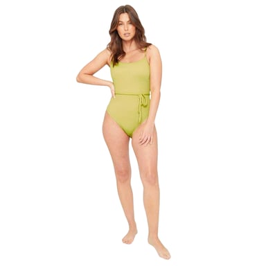 Be You Womens/Ladies Textured Belted One Piece Swimsuit (Lime)