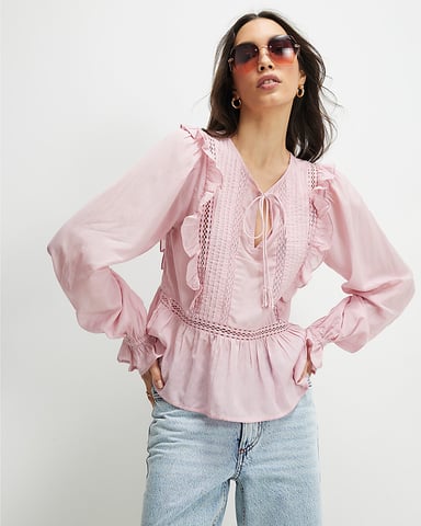 River Island Damesblouse Roze Katoenmix Kanten inzetstuk Striklint