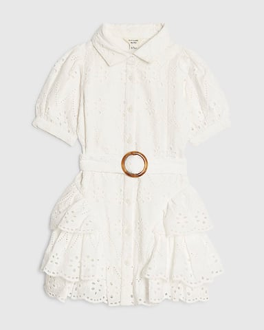 River Island Mini Meisjesoverhemdjurk Wit Broderie Met riem Met kraag