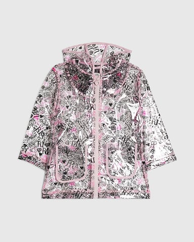 River Island Mini zwarte regenjas voor meisjes met graffiti-opdruk, capuchon en ritssluiting