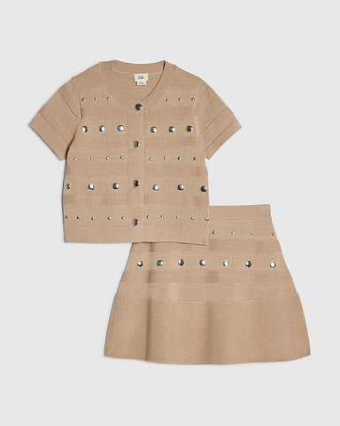River Island Meisjes top- en rokset Beige Gebreid met studs 2-delig